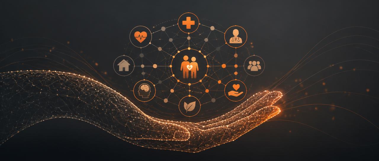 Abstract visualization of connected healthcare services forming a caring hand